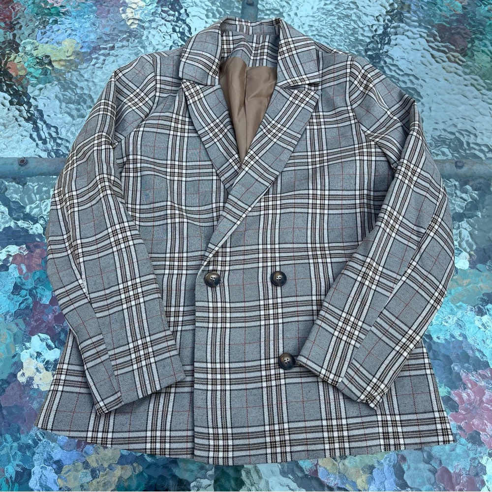 Grey/Brown Plaid Double-Breasted Blazer